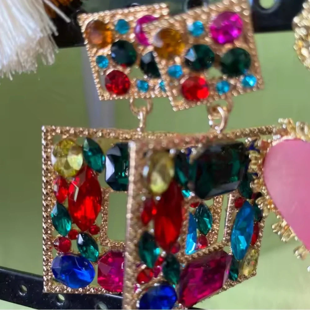 New Multicolor Gemstone rhinestone Square Earrings